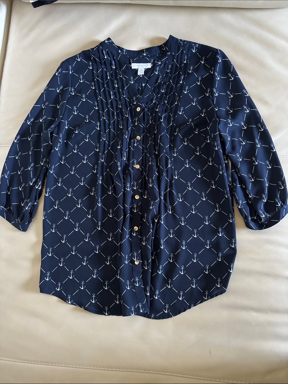 Charter Club Navy and White Anchor-Print Top Blouse